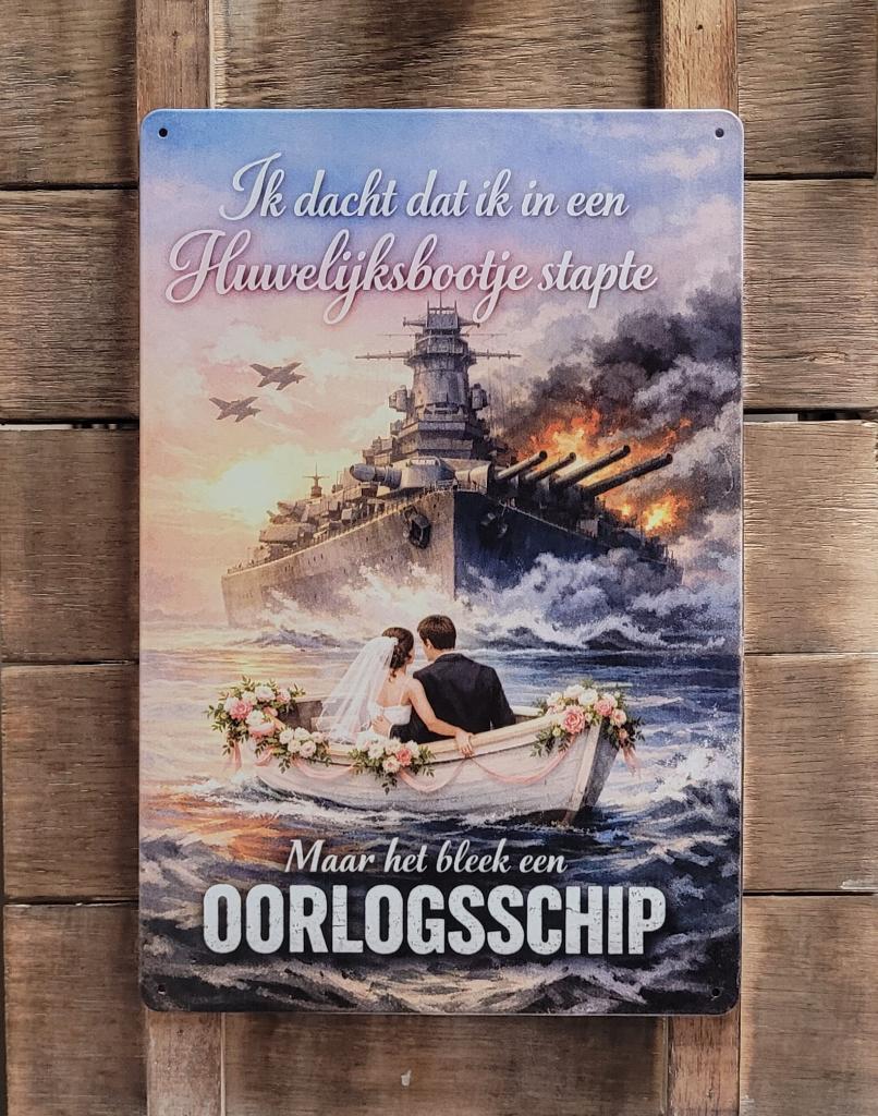 Huewelijksbootje bleek oorlogsschip reclamebord van metaal, Info@deconoord.nl, Deco Noord, Nieuw, Ophalen of Verzenden
