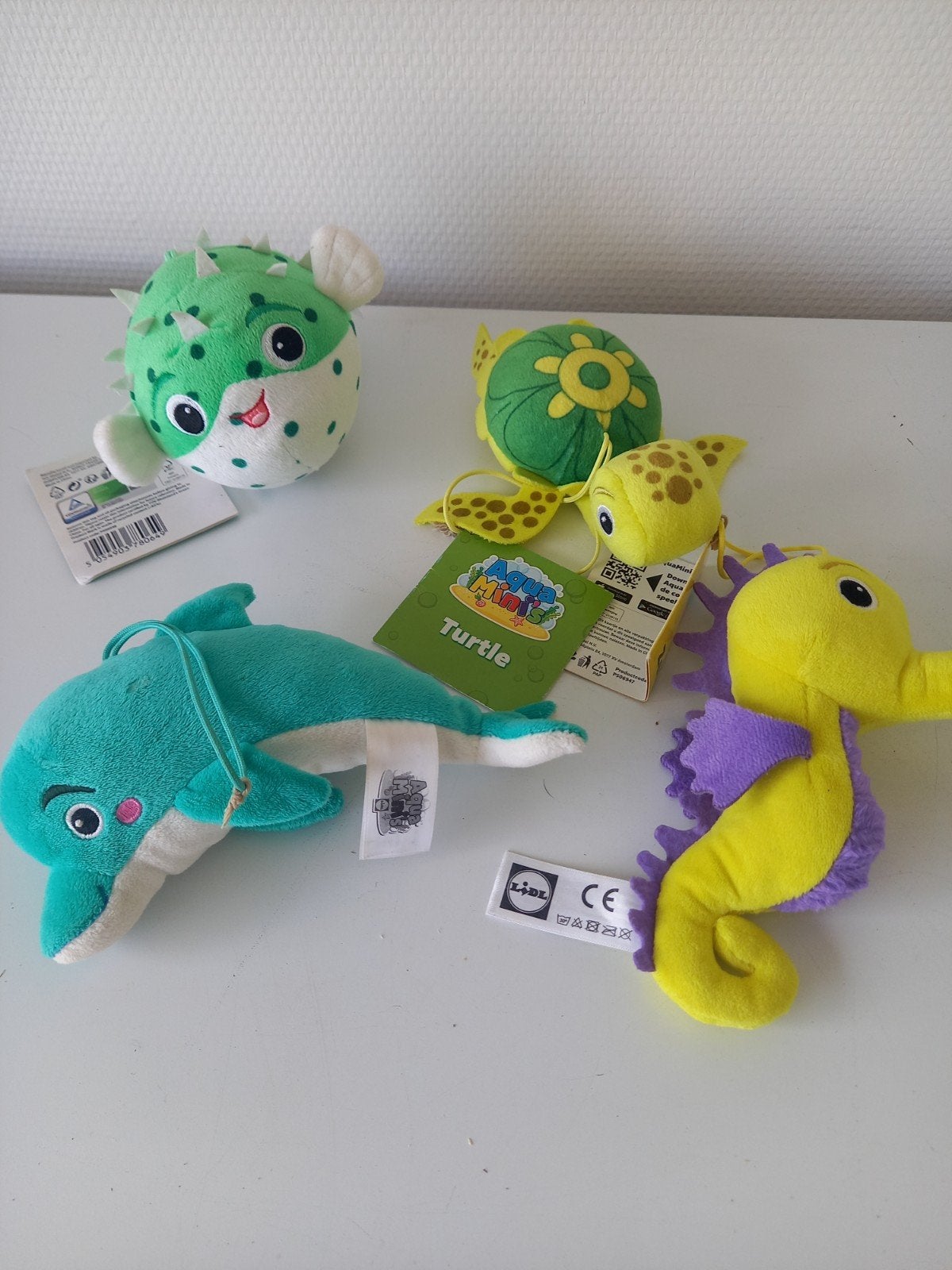 4 Aqua Mini's Lidl - Zeebeesten Knuffels, Lidl, Overige karakters, Overige typen, Ophalen of Verzenden