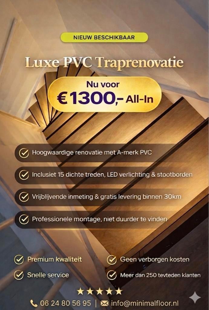 ACTIE TRAPRENOVATIE – NU SLECHTS €1295!, Garantie, Vloeren gieten
