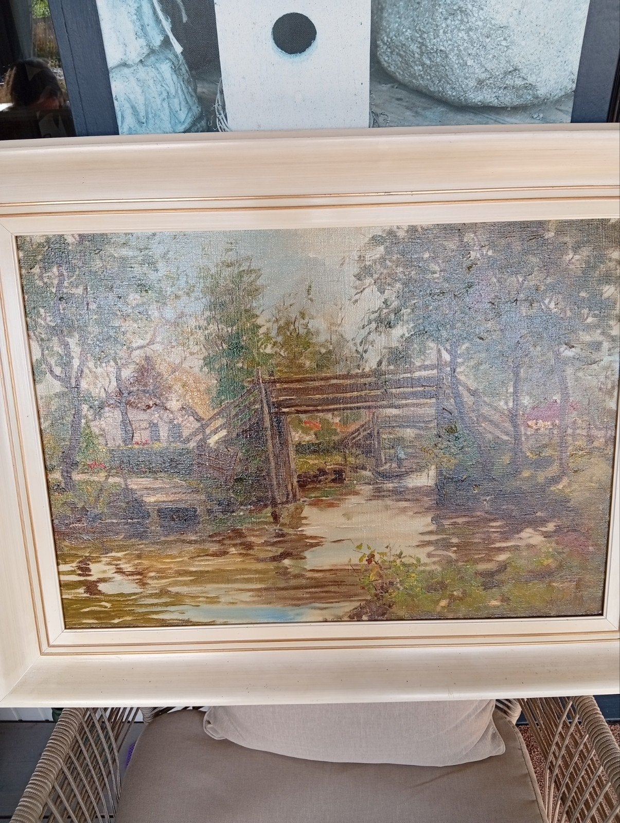 Olieverfschilderij: Brug over water met huisje en bomen, Ophalen of Verzenden