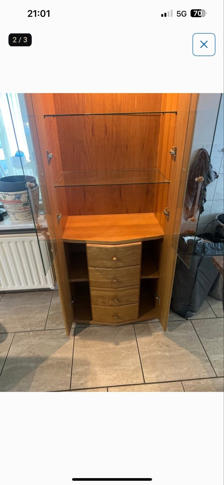 Eiken houten vitrinekast  met lades en glazen deuren, Huis en Inrichting, Kasten | Vitrinekasten, Ophalen, Gebruikt, 200 cm of meer