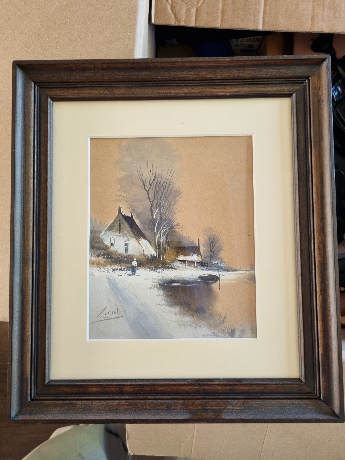 Schilderij van L. Apol - Winterlandschap met huisje, Ophalen of Verzenden