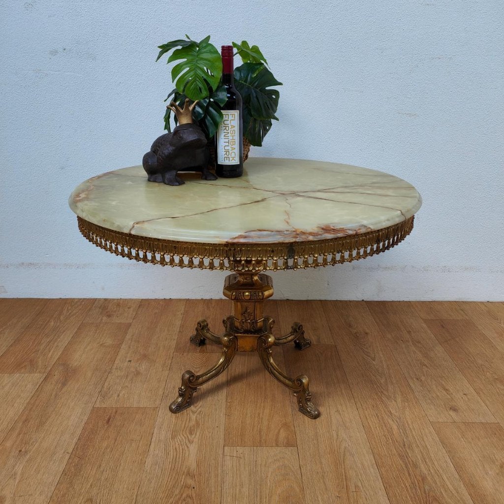Ronde Vintage Regency salontafel met marmer onyx blad 82cm, Valkenswaard, Gebruikt, 50 tot 100 cm, Info@flashbackfurniture.nl