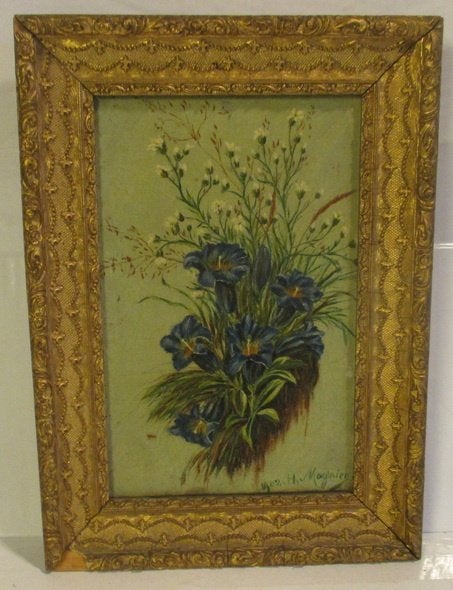antiek schilderij stilleven bloemen H. Magnien, Bloemen, Klassiek, Origineel werk, Doek