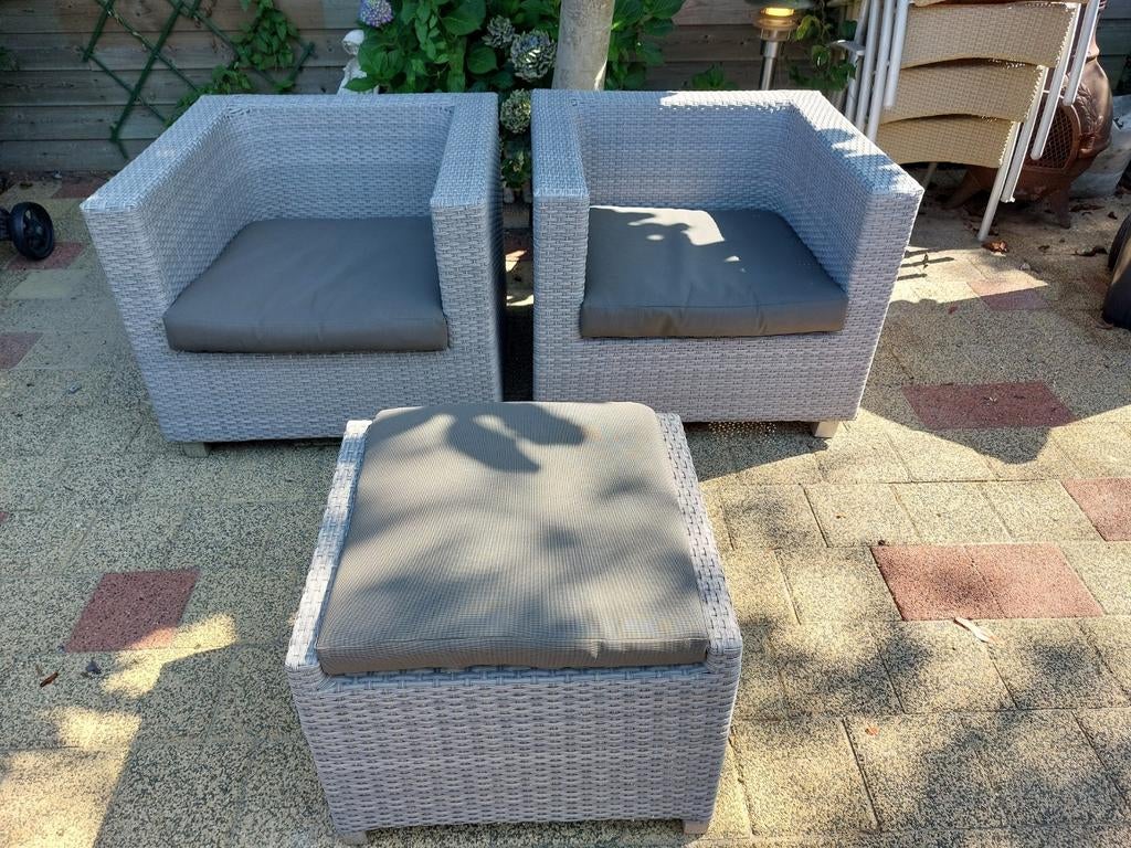 Loungeset  2 stoelen + hocker met life all weather kussens s, Stoel, Zo goed als nieuw, Loungeset, Wicker
