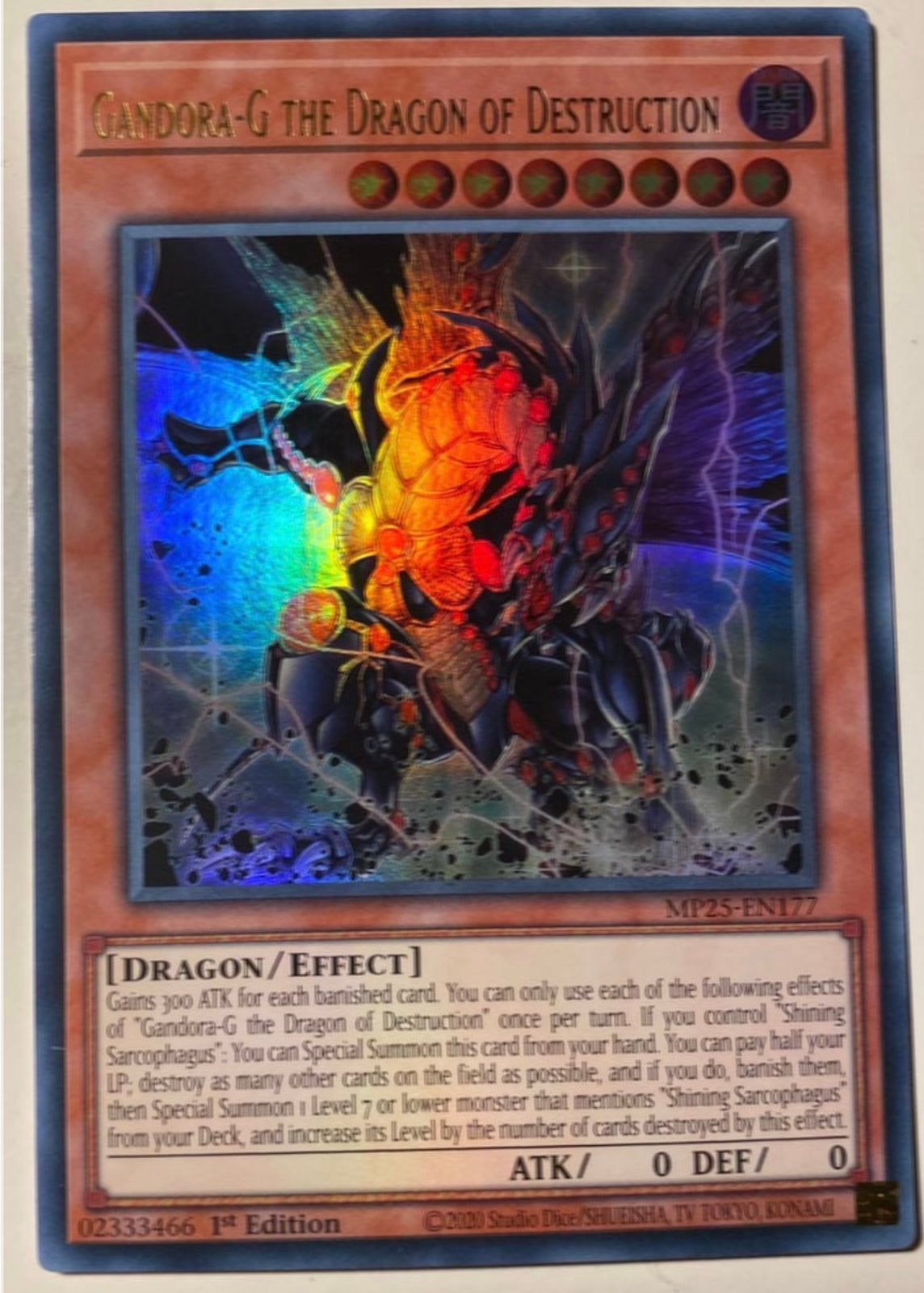 Yu-Gi-Oh! Gandora-G the Dragon of Destruction MP25 1st !, Ophalen of Verzenden, Zo goed als nieuw, Losse kaart, Foil