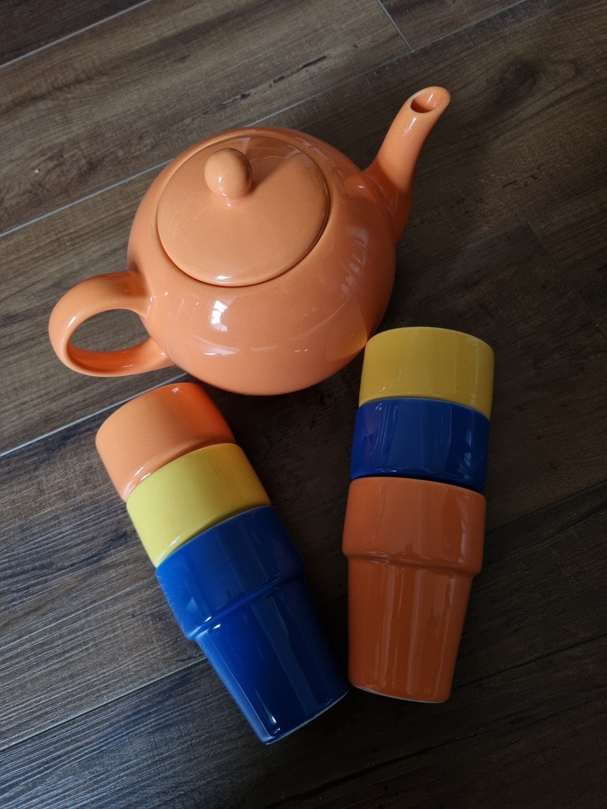 Palácio Keramiek Theepot met 6 kopjes - Oranje, Geel, Blauw, Huis en Inrichting, Overige merken, Keramiek, Ophalen of Verzenden