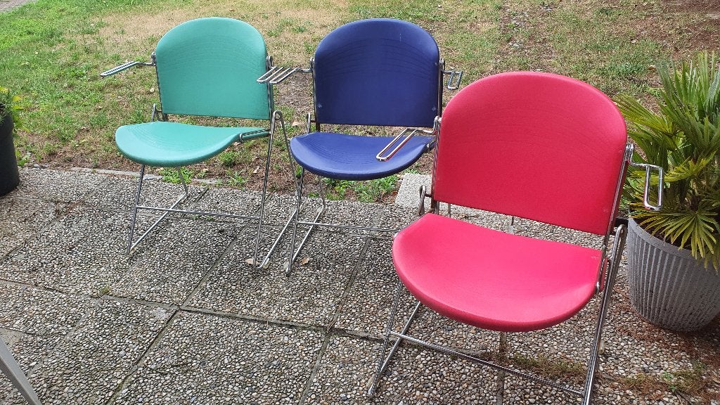 6 Designstoelen Jimmy Car Katwijk met armleuning in drie kle, Huis en Inrichting, Stoelen, Ophalen, Blauw, Zo goed als nieuw, 50 jaren