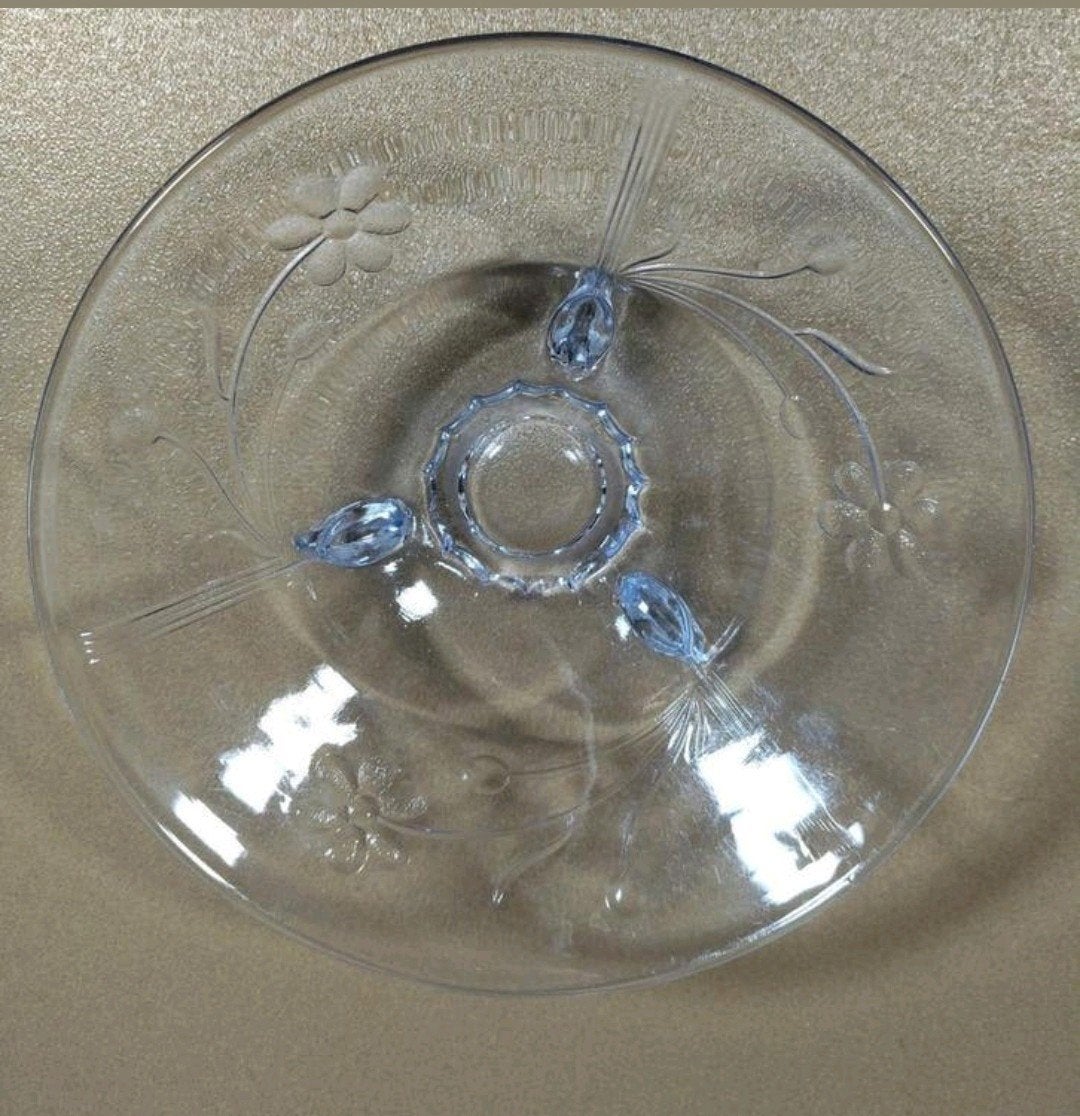Vintage blauw glazen schaal met bloemetjes, Schaal, Rond, Ophalen of Verzenden, Glas