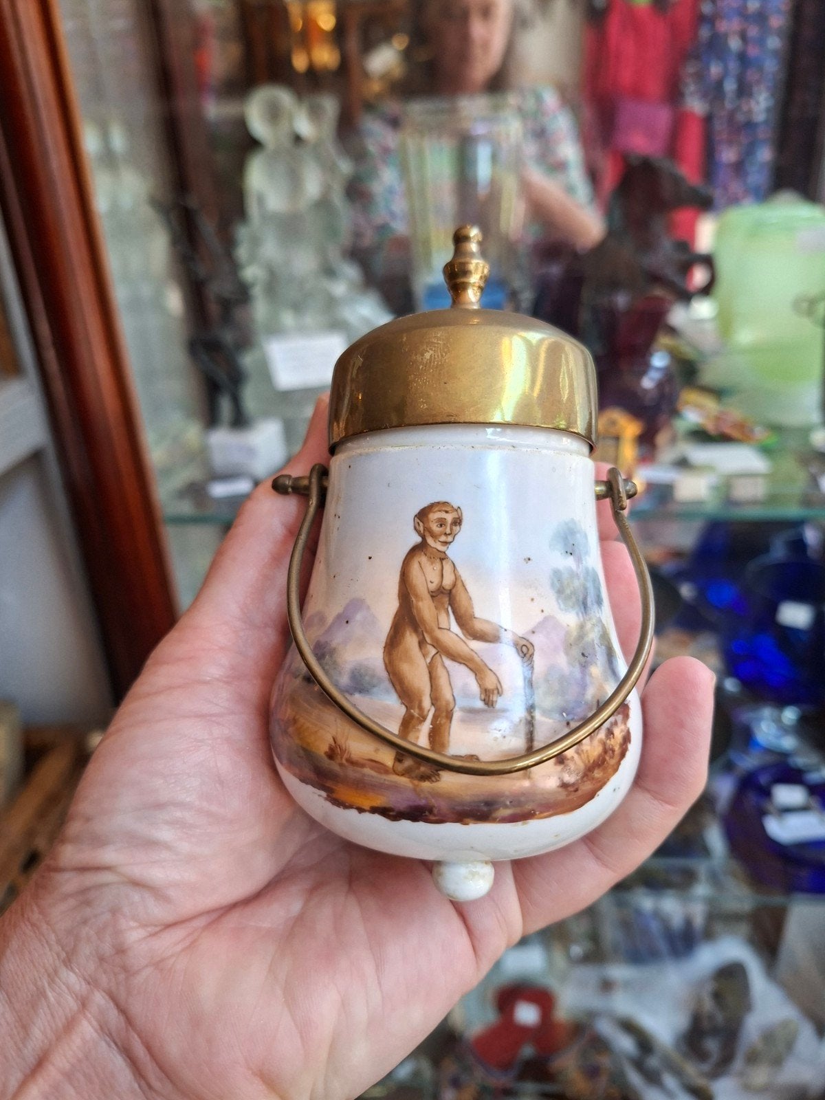 porseleinen zwavelstokjes pot met aapdecoratie, Antiek en Kunst, Antiek | Keramiek en Aardewerk, Ophalen of Verzenden