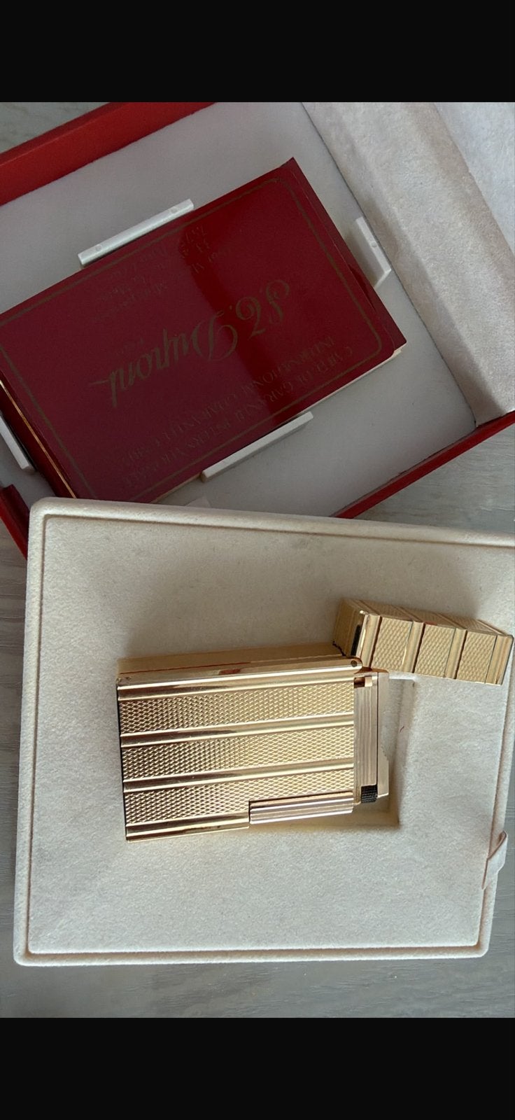 Luxe S.T. Dupont Aansteker Goudkleurig met Doos en Papieren, Verzamelen, Ophalen, Zo goed als nieuw, Aansteker
