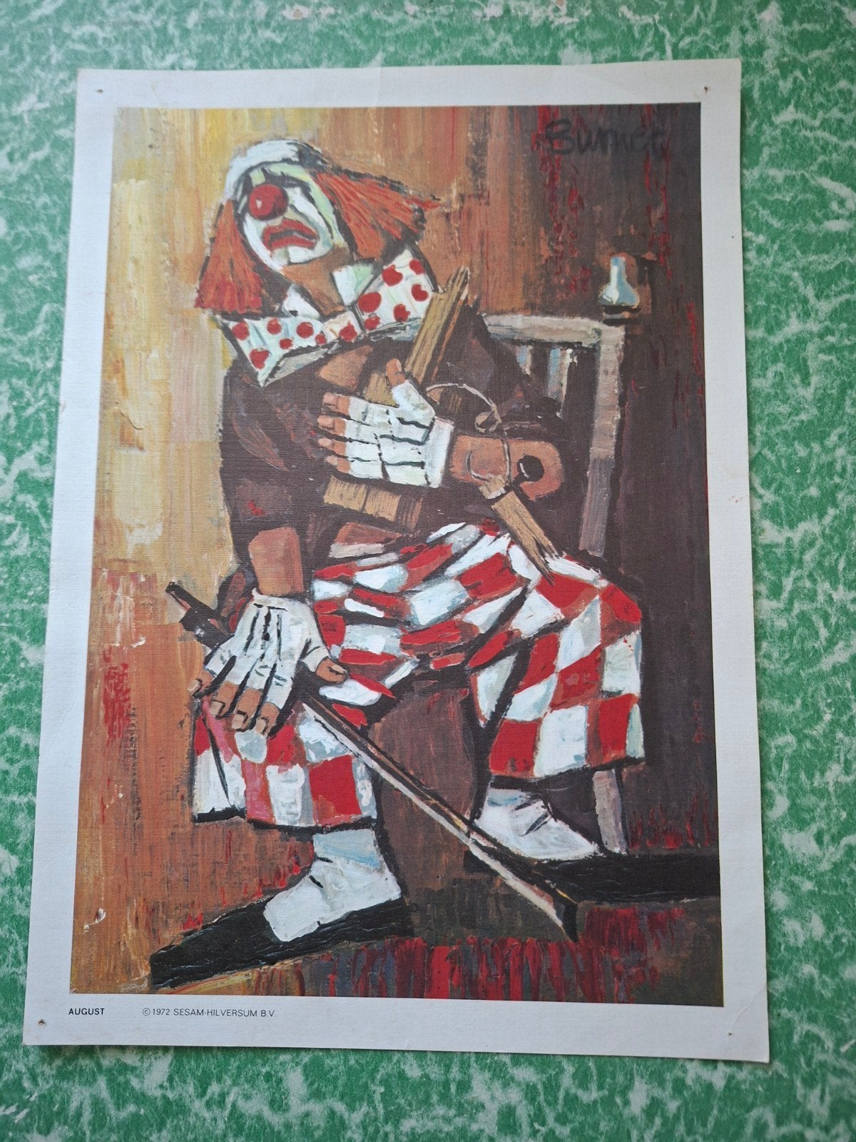 prent van de Clown August met gebroken viool.1972, Gebruikt, 1980 tot heden, Ophalen of Verzenden, Prent