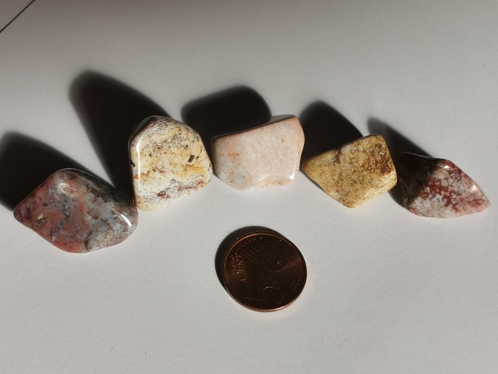 Leuk setje van 5 Oceaan Jaspis trommelstenen, Ophalen of Verzenden, Mineraal