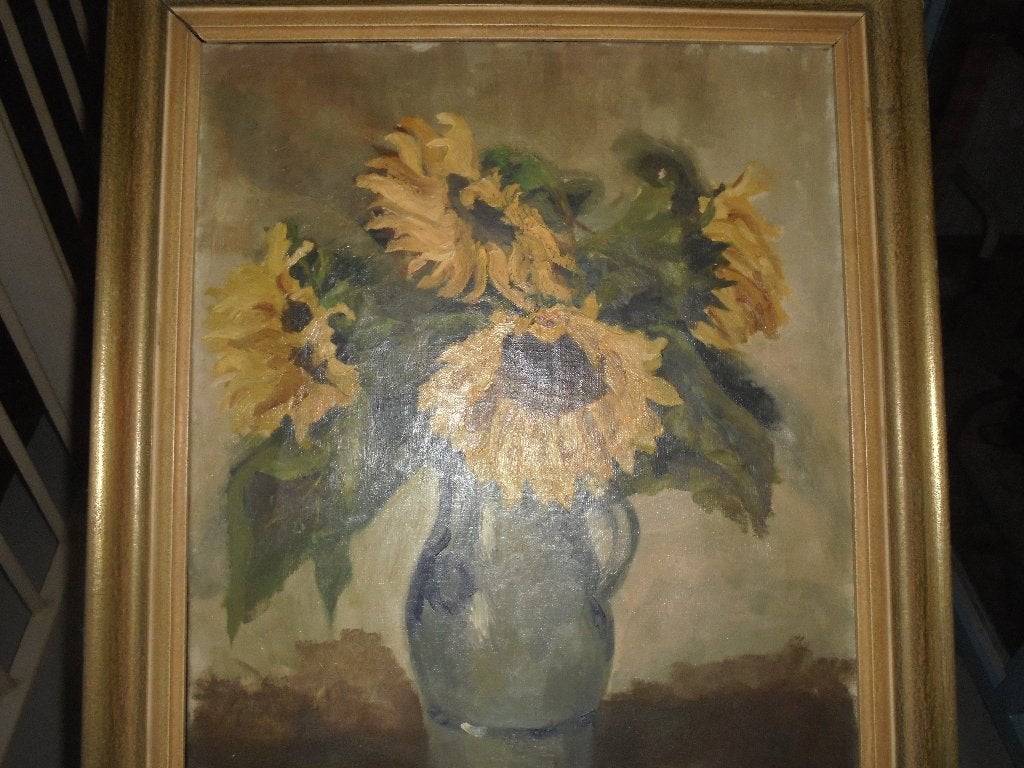 olieverf bloem stilleven impressionistisch zonnenbloemen, Bloemen, Doek, Origineel werk, Impressionistisch