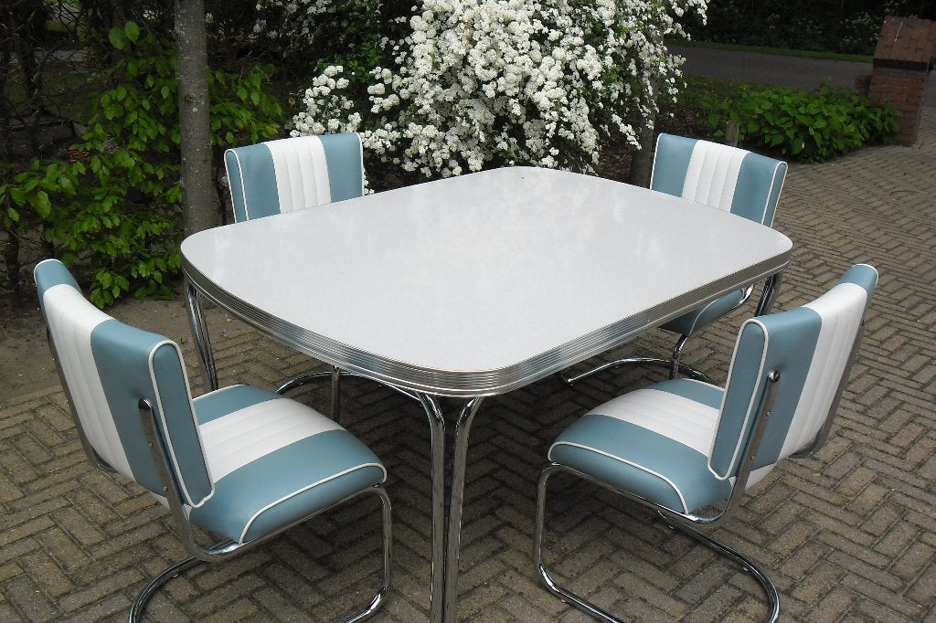 4 Bel Air slede stoelen + diner tafel retro sixties fifties, Huis en Inrichting, Ophalen, Blauw, Zo goed als nieuw, Vier