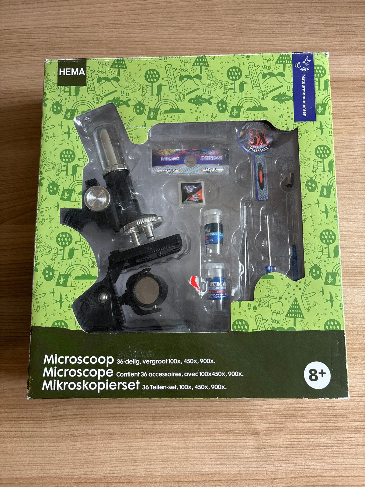 Hema Microscoop met boek - 36-delig, 100x, 450x, 900x, Ophalen of Verzenden, Zo goed als nieuw, 400x tot 1000x, Biologische microscoop