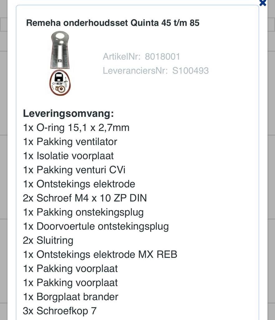 Remeha Quinta  onderhoudsset 45 t/m 85 Kw 50€ per stuk, Ophalen of Verzenden, Zo goed als nieuw