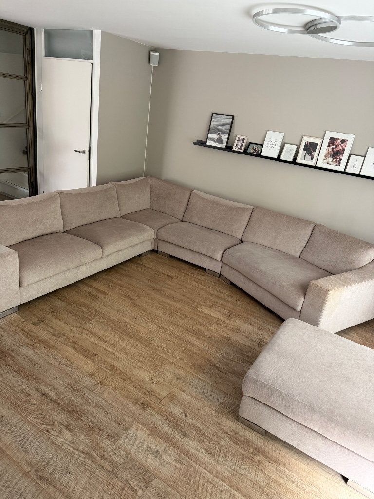 Grote beige hoekbank met chaise longue 310x380 (Leolux), Ophalen, Modern, Comfortabel, Gebruikt, Hoekbank