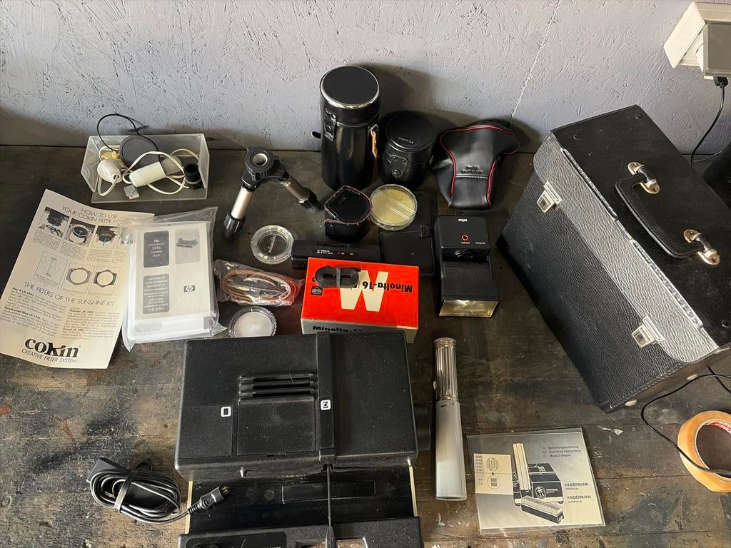 Vintage fotografie set Minolta, diapositieven projector, Ophalen, Zo goed als nieuw, Spiegelreflex, Minolta