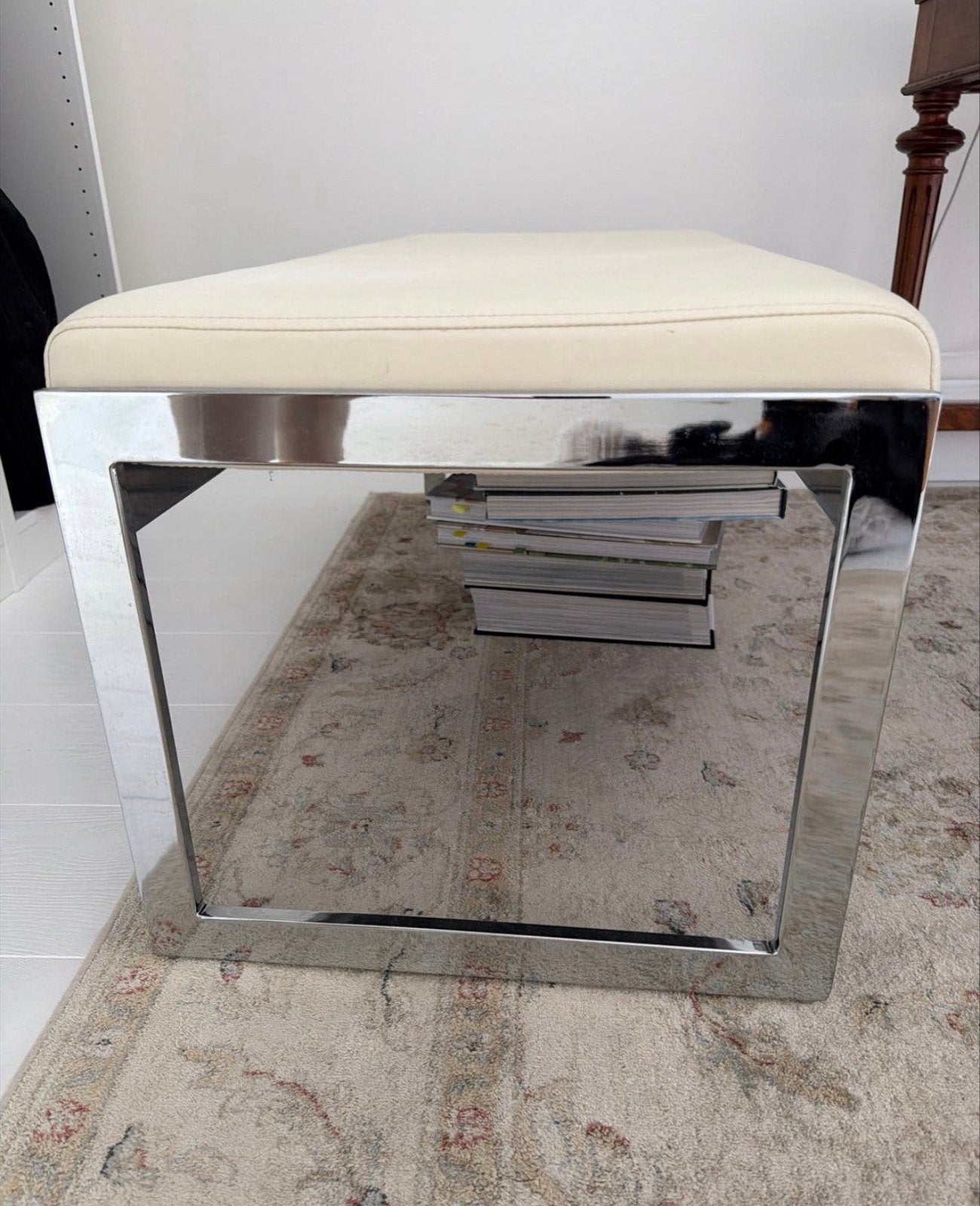 Elegant Safavieh bankje - Crèmekleurig vegan leer & chroom, Ophalen, Minder dan 50 cm, 100 tot 125 cm, Zo goed als nieuw