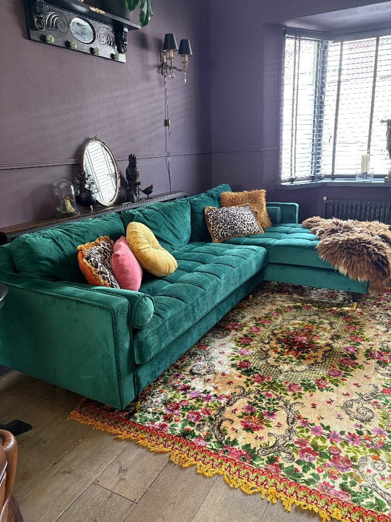 Hoekbank Cozy Velvet smaragdgroen 260 fluweel, Huis en Inrichting, Ophalen, Hout, 250 tot 300 cm, Moderne 3 zits bankstel
