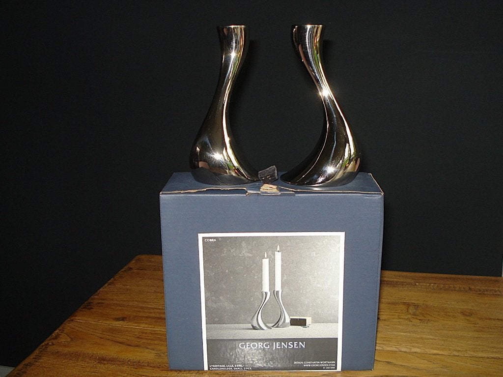 Zgan: Georg Jensen RVS Cobra kandelaars - H 160 mm, Overige merken, Ophalen of Verzenden, Zo goed als nieuw, Metaal