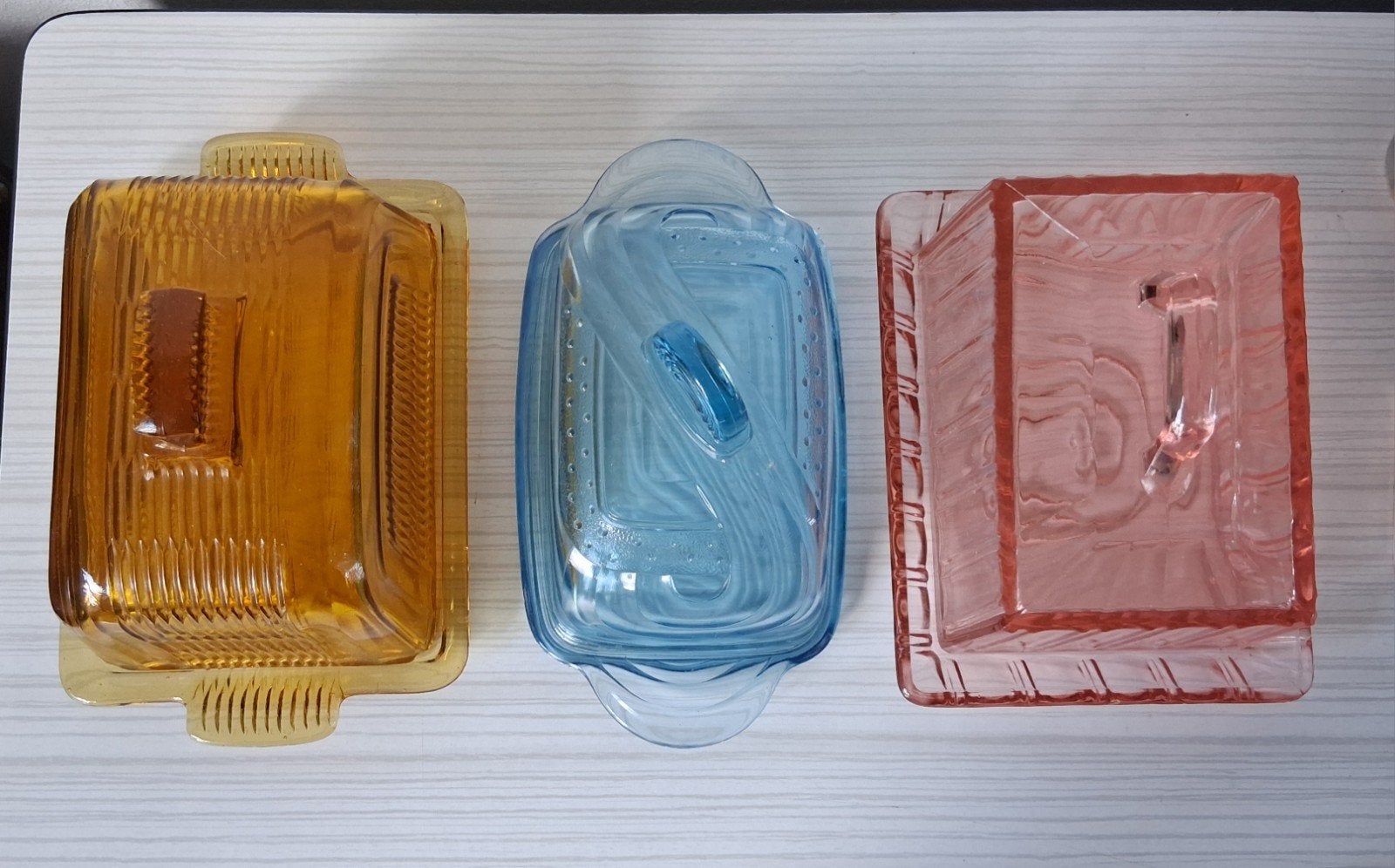 Vintage Glazen Botervloot - Roze, Blauw, Amber, Ophalen of Verzenden