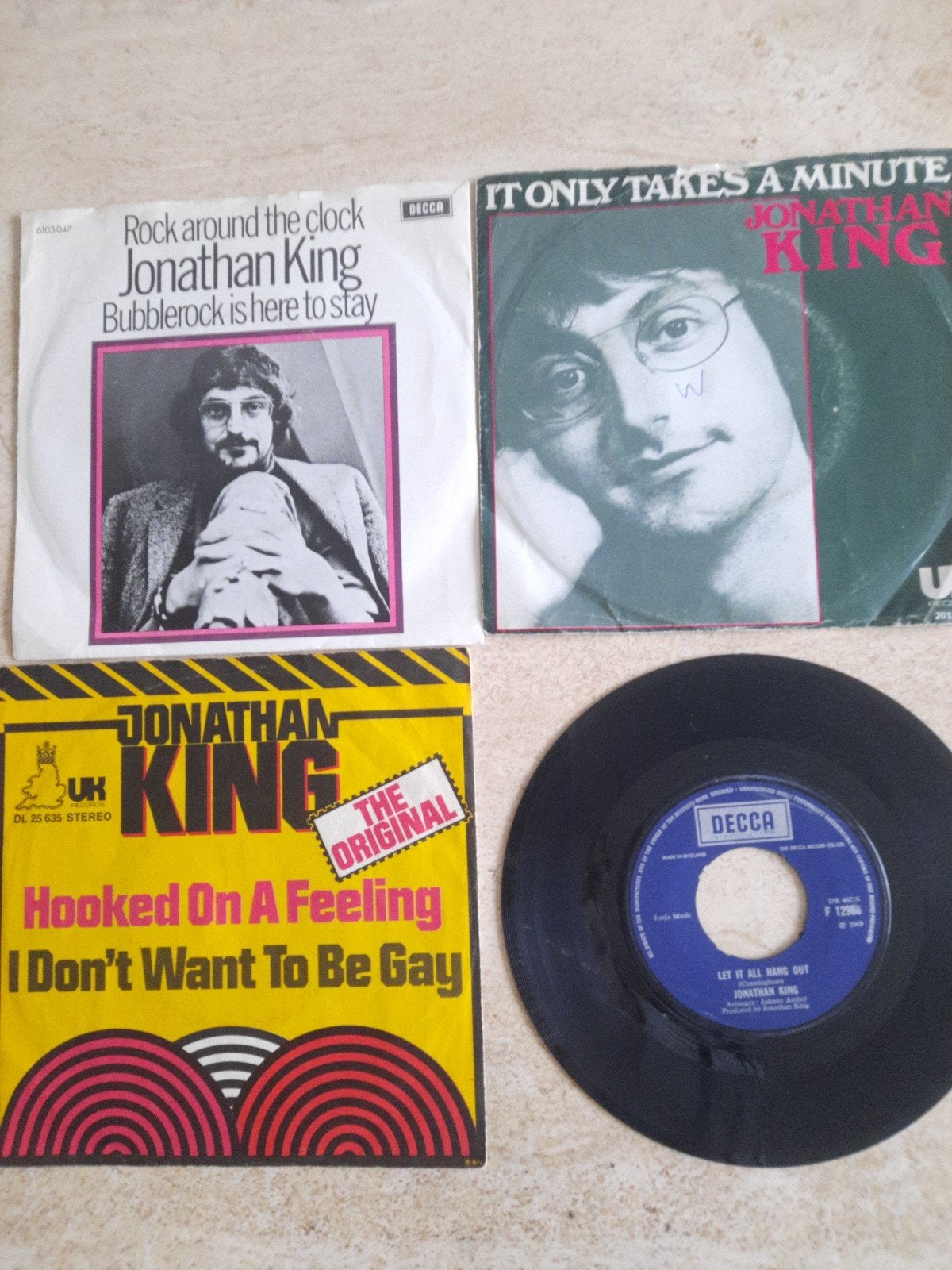 4x vinyl singels van Jonathan King, Cd's en Dvd's, Ophalen of Verzenden, Zo goed als nieuw, Pop