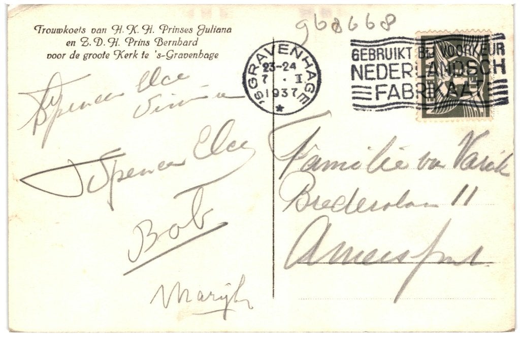 968668 s Gravenhage 1937 Trouwkoets Juliana Gelopen, Ophalen of Verzenden, 1920 tot 1940, Gelopen, Zuid-Holland