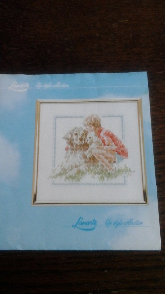 Borduurpatroontje van lanarte , jongen met hondjes patroon, Ophalen of Verzenden, Zo goed als nieuw, Handborduren, Patroon