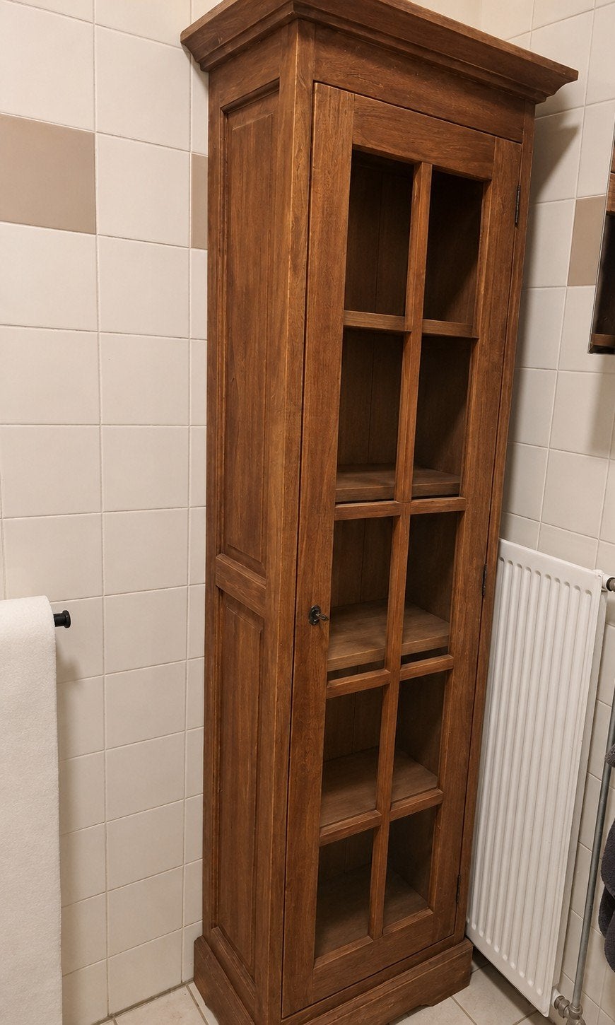 Teak Houten Vitrinekast - 46x30x180cm, Minder dan 50 cm, Glas, Ophalen of Verzenden, 150 tot 200 cm