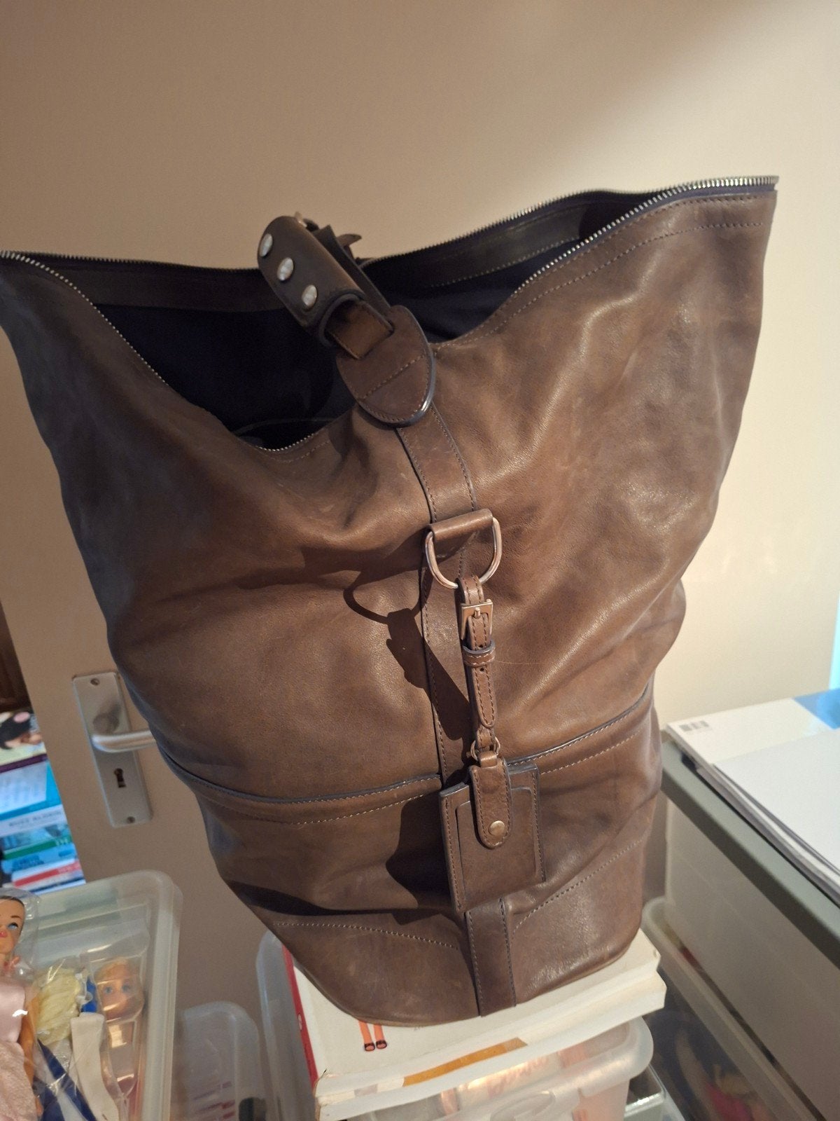 vintage leren Cos tas 1e uitgave grote tas grijs, Verzenden, Grijs, Overige merken, Leer