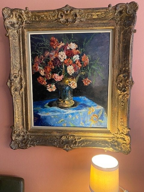 Bloemstilleven, olieverf op doek, rijk vergulde lijst, Antiek en Kunst, Kunst | Schilderijen | Klassiek, Handgeschilderd, Doek
