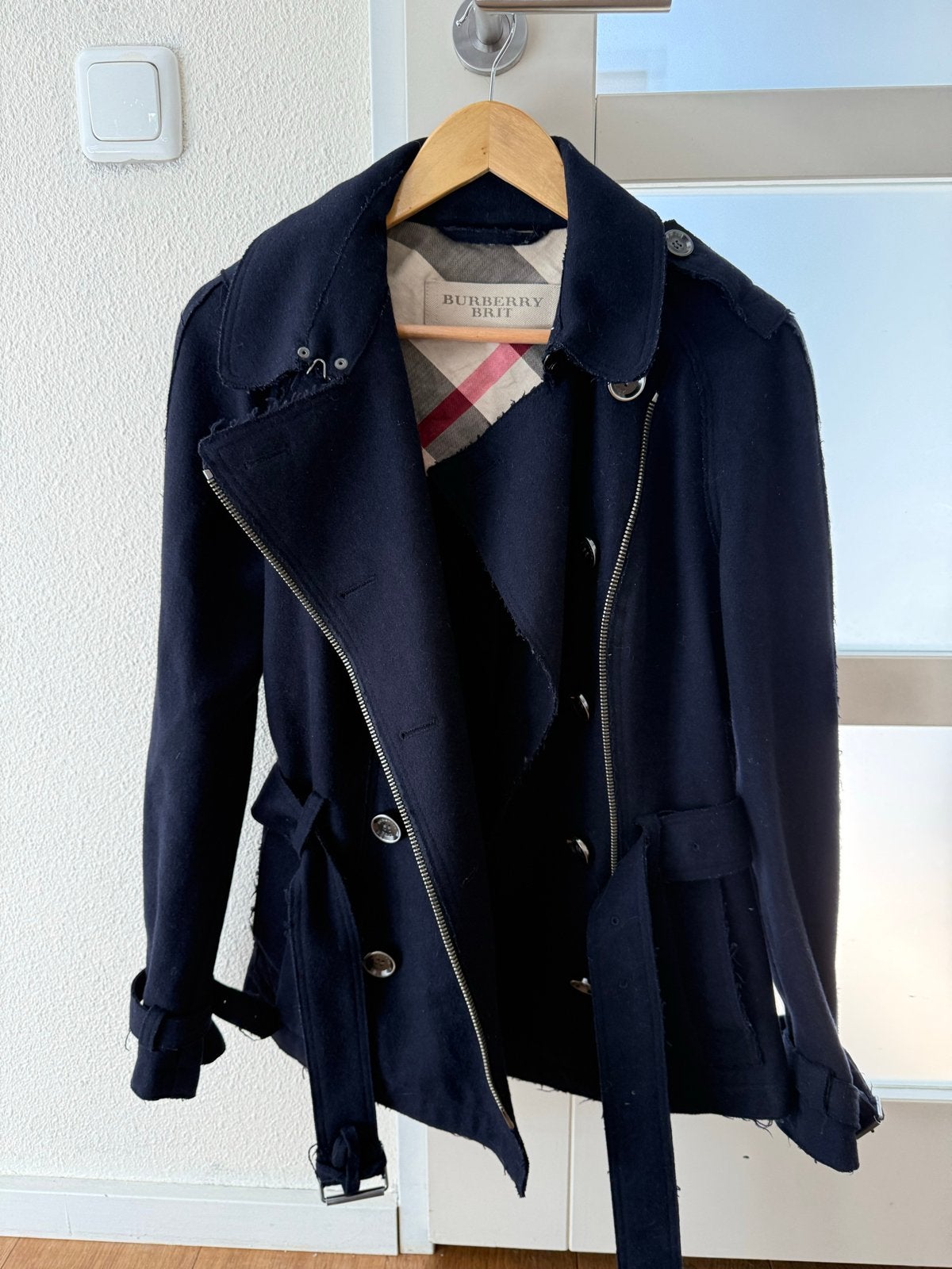 Vintage Burberry Brit Biker Trench Jas - Wol & Cashmere, Kleding | Dames, Jassen | Winter, Ophalen of Verzenden, Gedragen, Blauw