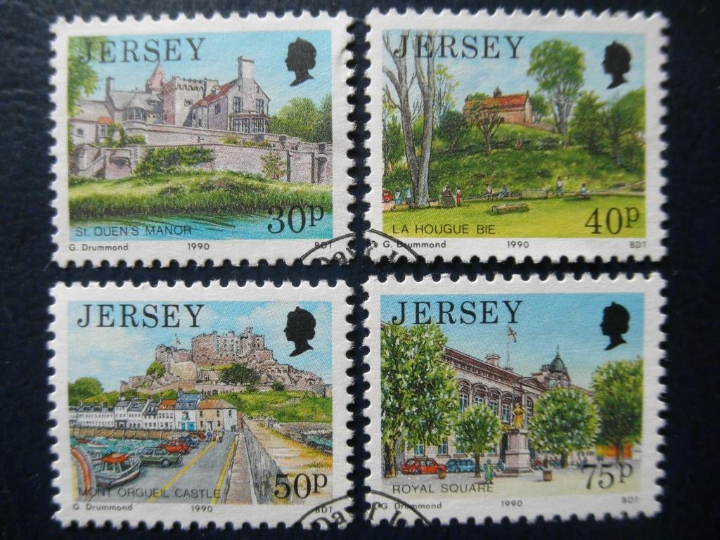 Postzegels Jersey 1990 landschappen, auto's - cw. € 7,50., Ophalen of Verzenden, Gestempeld