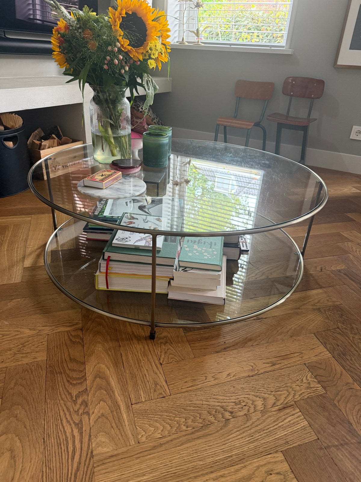Ronde salontafel messing en dubbel blad van glas, Huis en Inrichting, Tafels | Salontafels, Ophalen, Gebruikt, Rond, 50 tot 100 cm