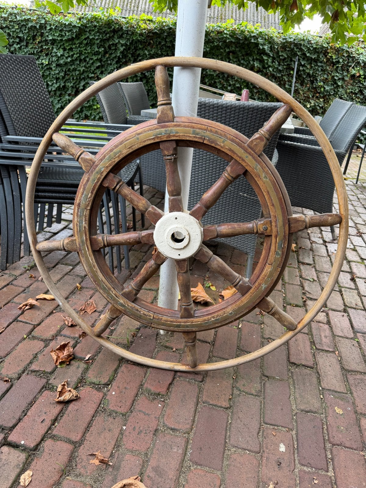 Antiek scheepsroer, hard houten stuurwiel, 100 cm messing, Antiek en Kunst, Ophalen
