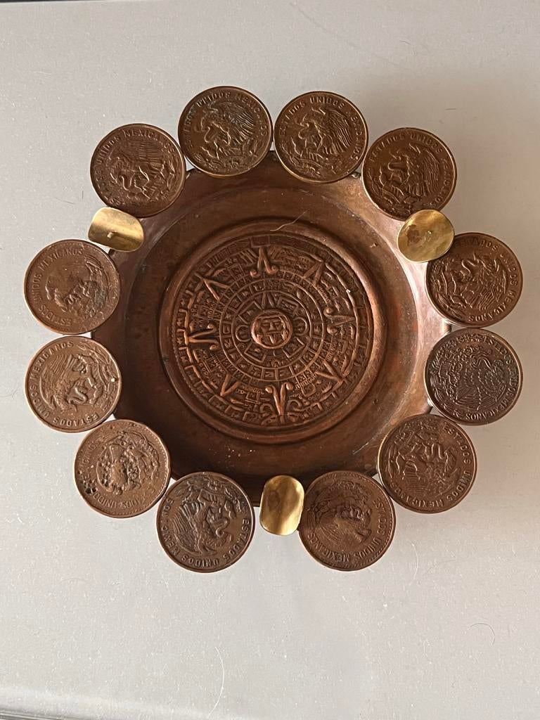 Decoratieve Mexicaanse munten schaal met Azteekse kalender, Ophalen of Verzenden