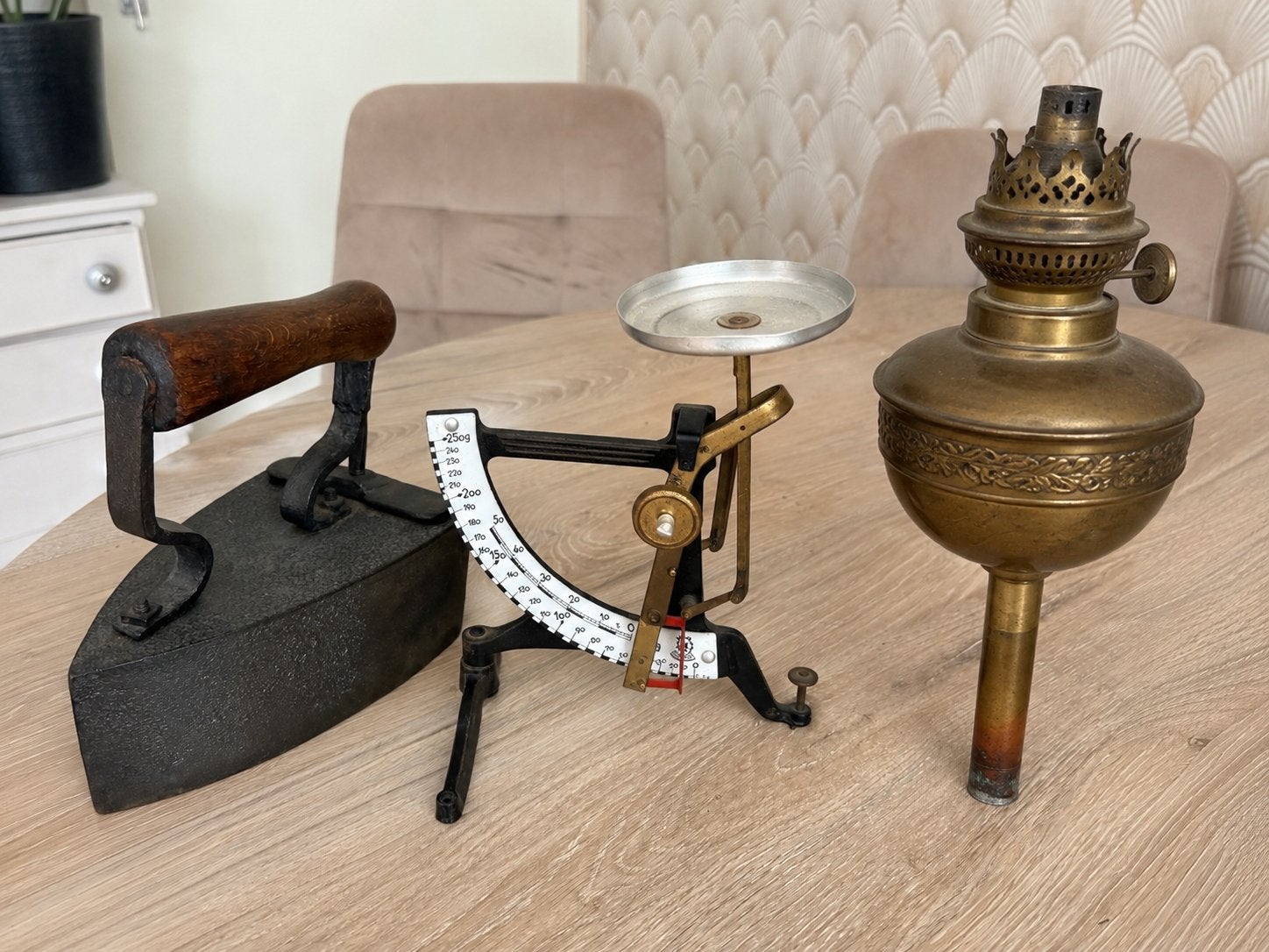 Antieke set strijkijzer, Conray weegschaal & olielamp, Antiek en Kunst, Ophalen of Verzenden