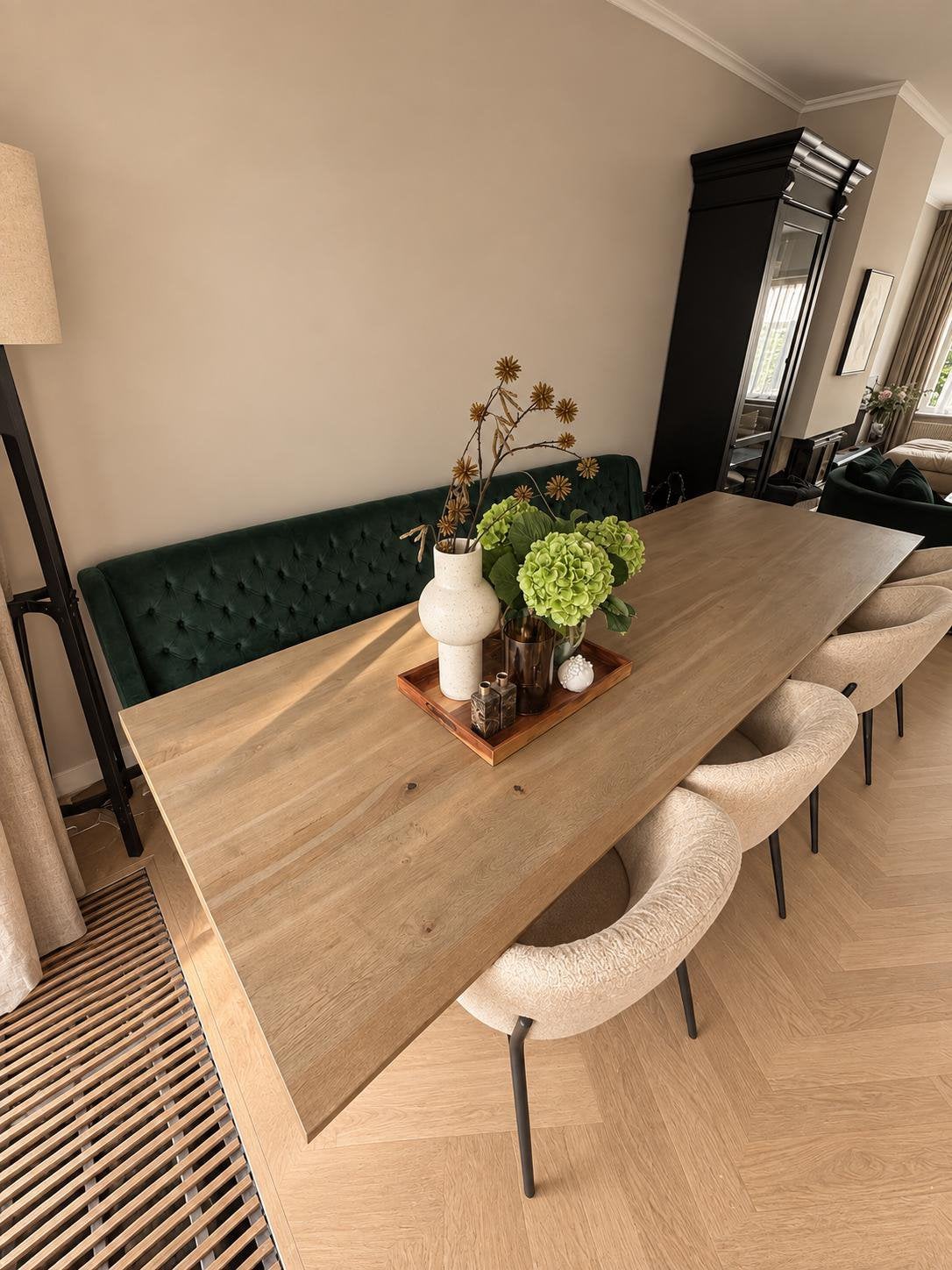 Eikenhouten eettafel met stalen kruispoot, Ophalen, 100 tot 150 cm, Eikenhout, 200 cm of meer