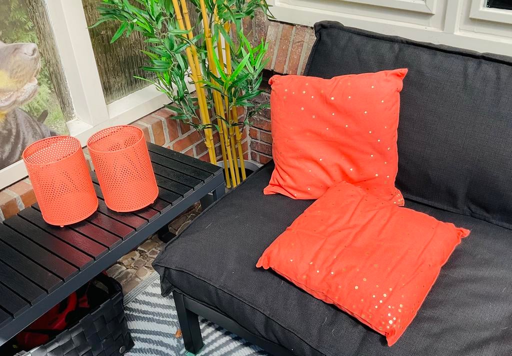 Set met 2 kussens en 2 windlichten in coral kleur, Ophalen of Verzenden, Nieuw
