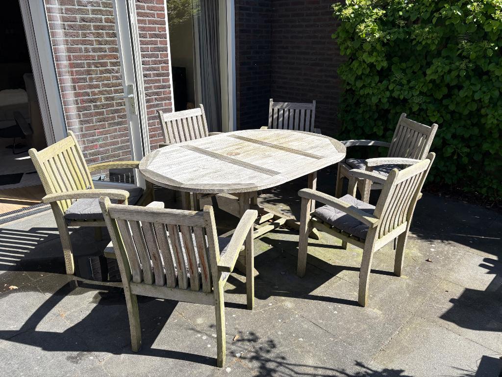 Teak houten tuin tafel met 6 stoelen, Tuin en Terras, Ophalen, Gebruikt, 6 zitplaatsen, Teakhout
