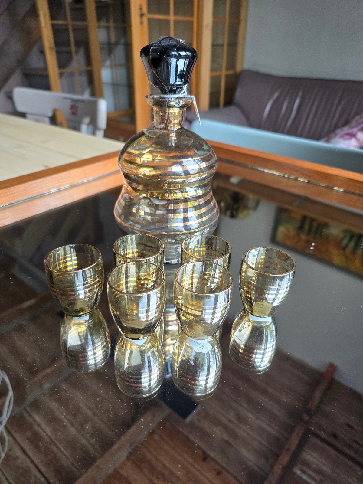 Vintage karaf met borrelglaasjes - Rookkleurig glas, Ophalen of Verzenden