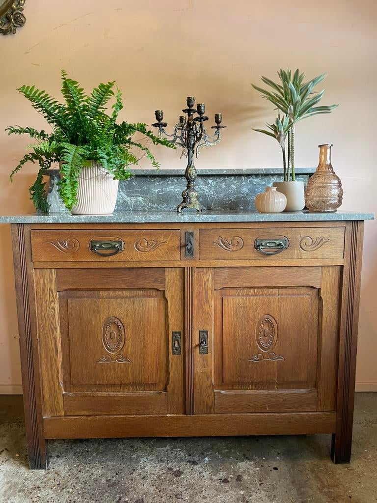 Vintage houten kast met grijs marmeren blad, Ophalen, Gebruikt