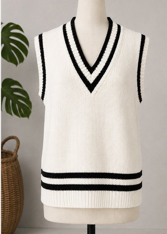 Nieuwe Mango Gebreide Top met V-Hals – Maat XL (Ecru/Zwart), Mango, Wit, Maat 46/48 (XL) of groter, Nieuw