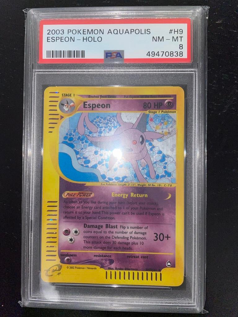 Aquapolis Espeon Holo - PSA 8, Ophalen of Verzenden, Zo goed als nieuw, Losse kaart, Foil