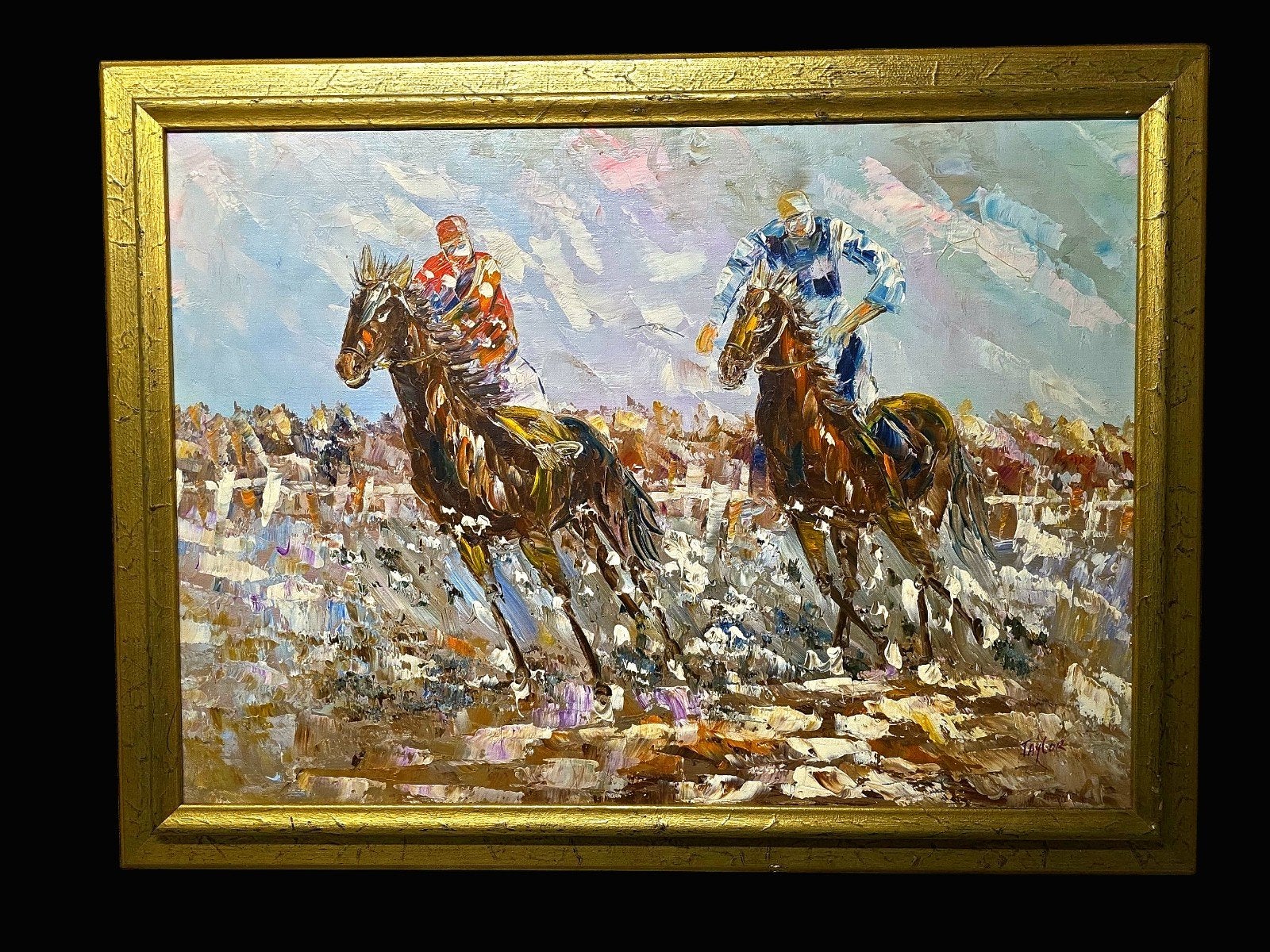 Schilderij Paardenrace: Levendige Olieverf op Doek, Ophalen of Verzenden