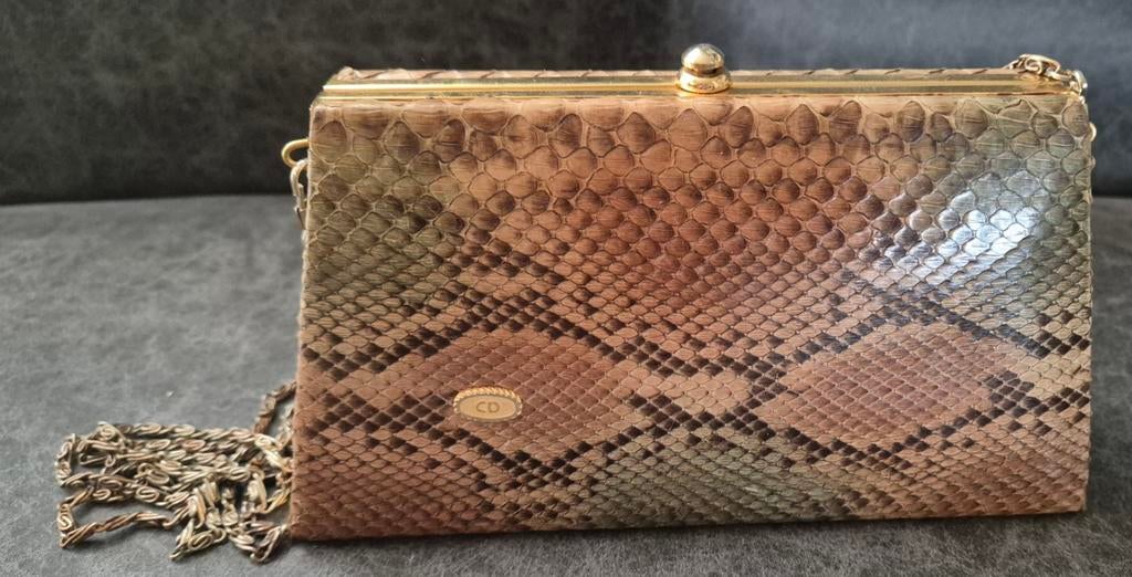 Vintage Christian Dior Echt Python Slangenleer Clutch, Ophalen of Verzenden, Gebruikt, Bruin, Avondtasje