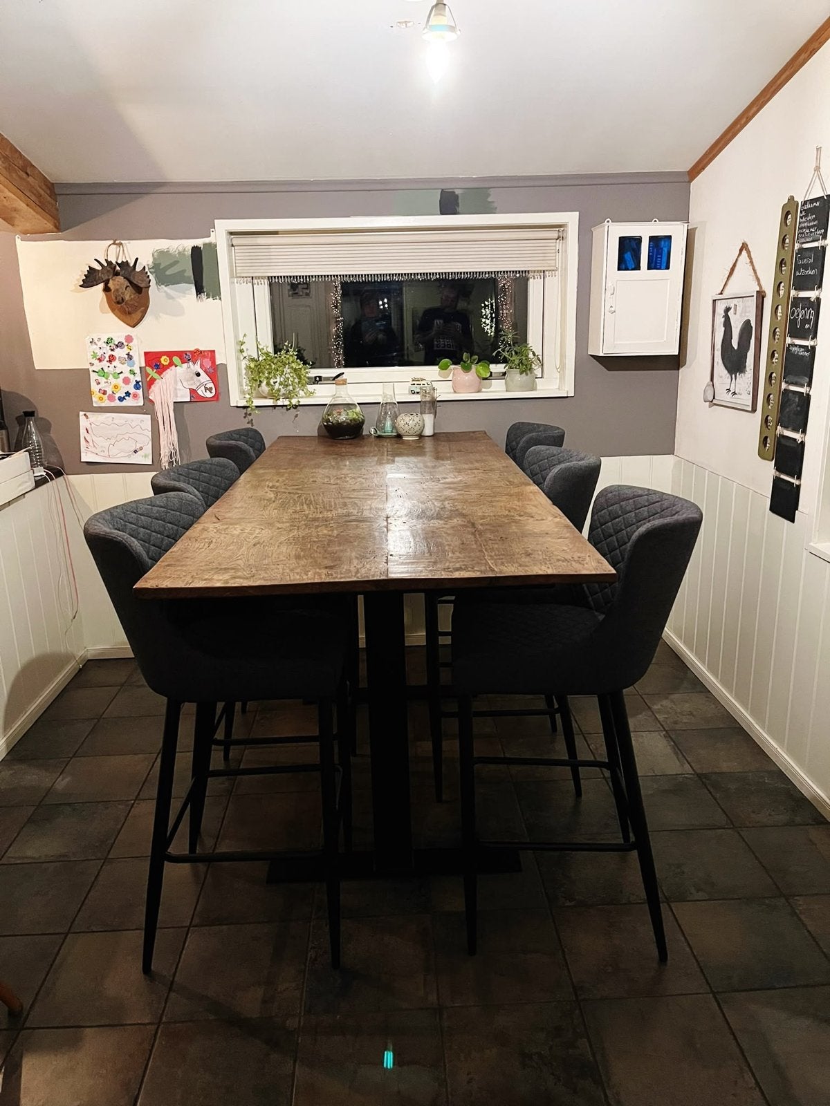 Robuuste houten hoge eettafel met 6 stoelen, Huis en Inrichting, Tafels | Eettafels, Gebruikt, 200 cm of meer, Vijf personen of meer