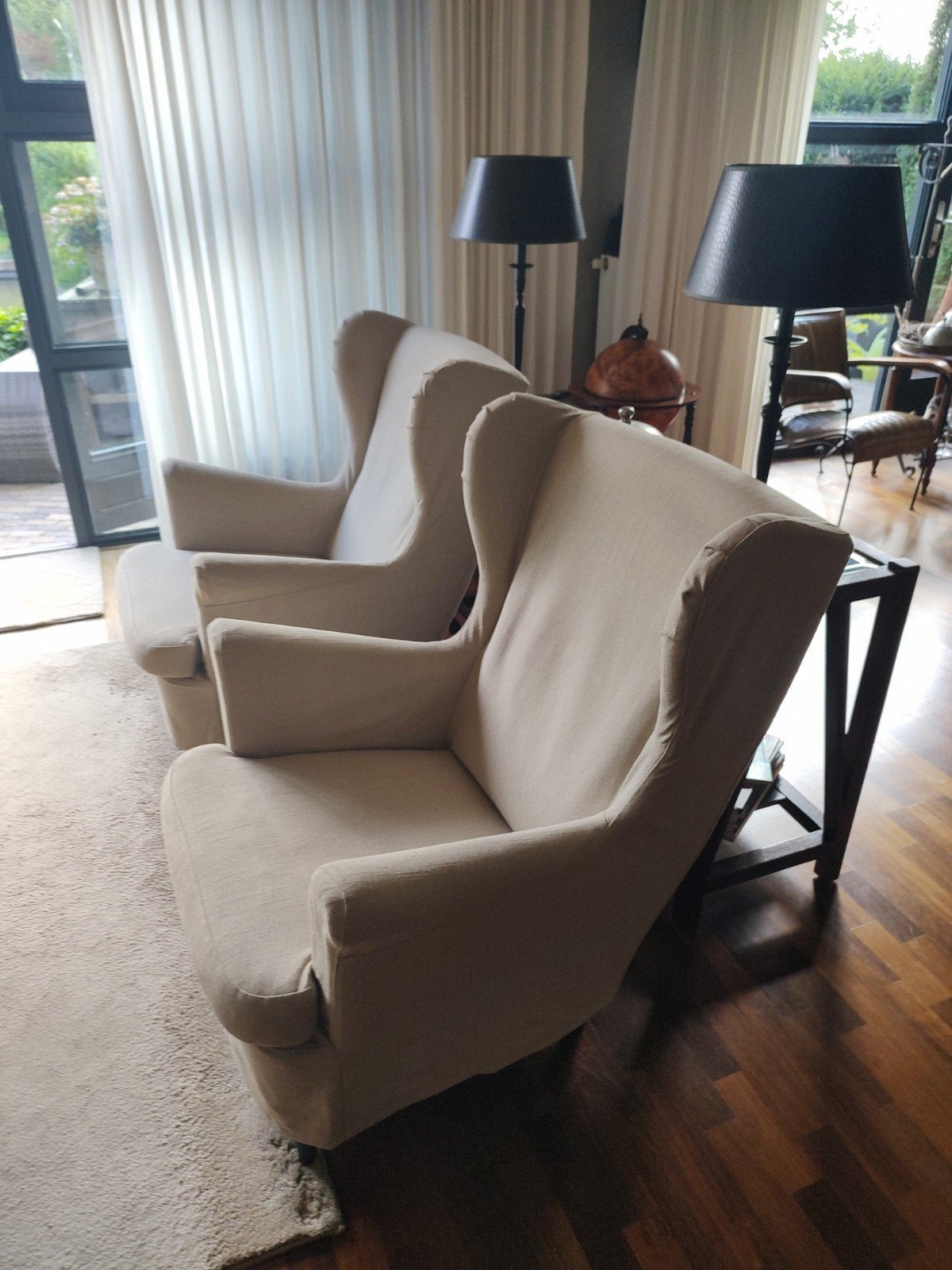 Twee fauteuils met verwisselbare hoezen (beige en grijs), Ophalen, 75 tot 100 cm, 50 tot 75 cm